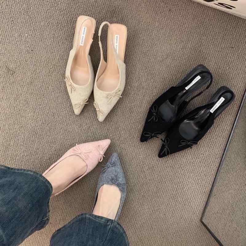 バックストラップ パンプス 夏 韓国 レディース マイクロファイバーレザー リボン ポインテッドトゥ スティレットヒール フレンチ おしゃれ ピンク グレー 黒