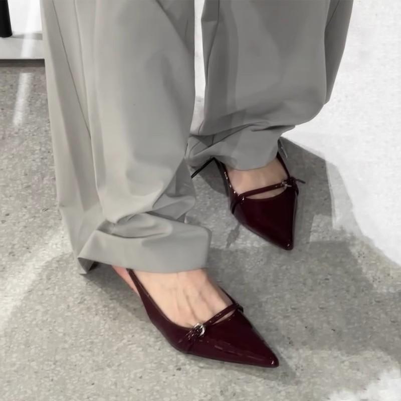 バックストラップ パンプス 韓国 レディース パテントレザー ポインテッドトゥ スティレットヒール オフィス パーティー フレンチ おしゃれ シンプル 赤 黒