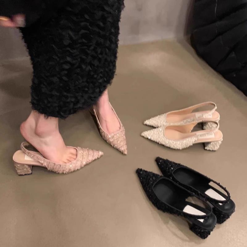 バックストラップ パンプス 夏 韓国 レディース スパンコール ポインテッドトゥ チャンキーヒール パーティー フレンチ エレガント おしゃれ 黒 アイボリー ピンク