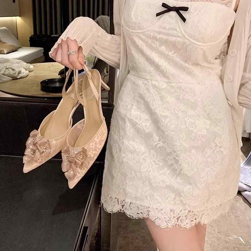 バックストラップ パンプス 夏 韓国 レディース 布 花 ラインストーン ポインテッドトゥ ハイヒール スティレット パーティー フレンチ エレガント おしゃれ ピンク