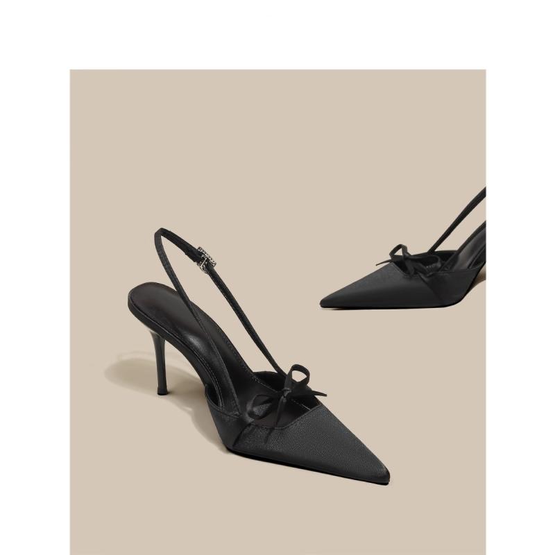 バックストラップ パンプス 夏 レディース サテン リボン ポインテッドトゥ ハイヒール スティレット オフィス パーティー フレンチ エレガント おしゃれ 黒 シルバー