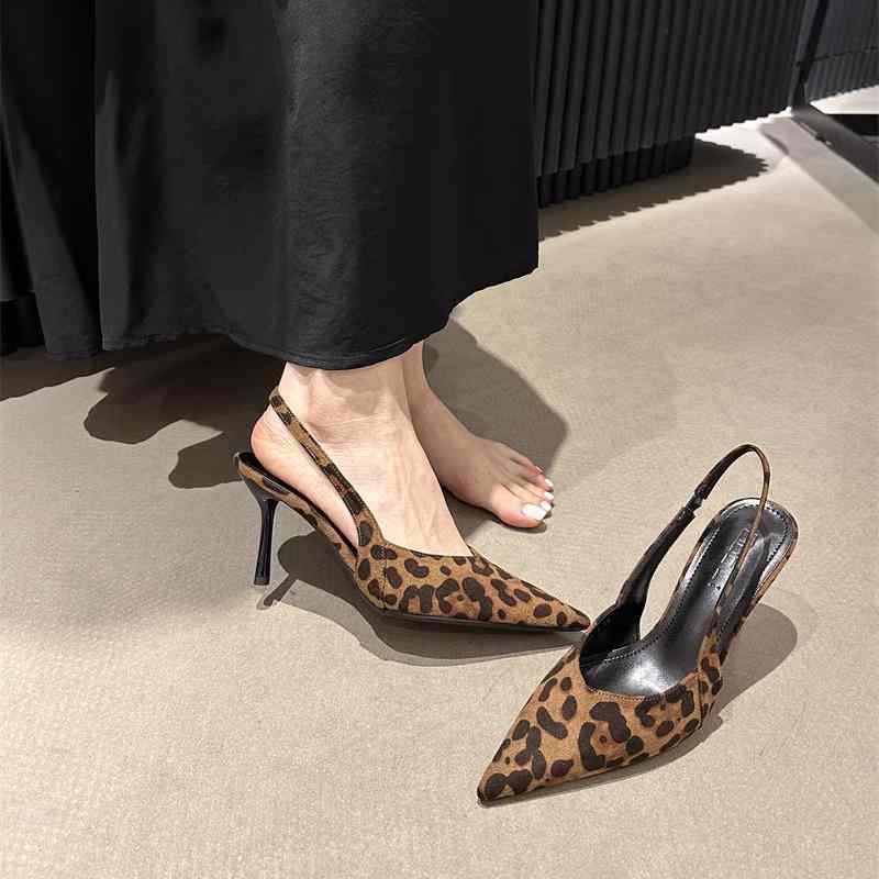 バックストラップ パンプス 夏 レディース スエード ポインテッドトゥ ハイヒール スティレット オフィス パーティー フレンチ おしゃれ シンプル 黒 茶色 ヒョウ柄