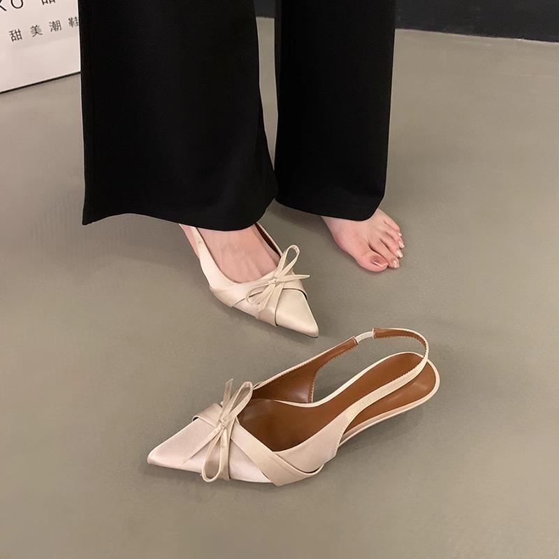 バックストラップ パンプス 夏 レディース PU リボン ポインテッドトゥ スティレットヒール オフィス パーティー フレンチ エレガント おしゃれ アプリコット 黒 紫