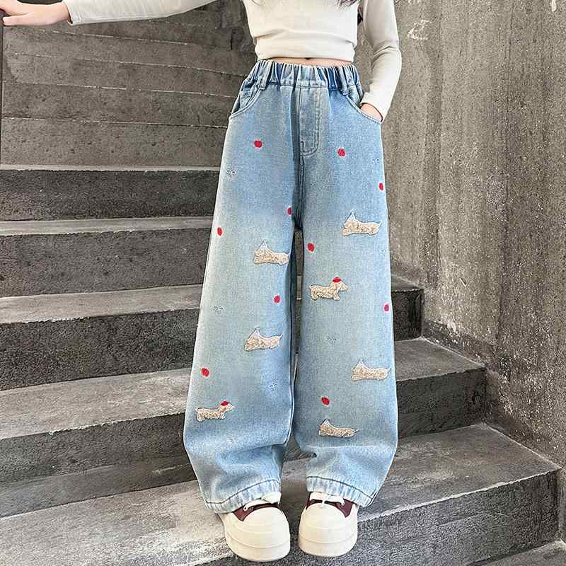 長ズボン キッズ おしゃれ ボトムス 女の子 春秋 大きいサイズ 小学生 ワイド ストレート デニム ゆっ..