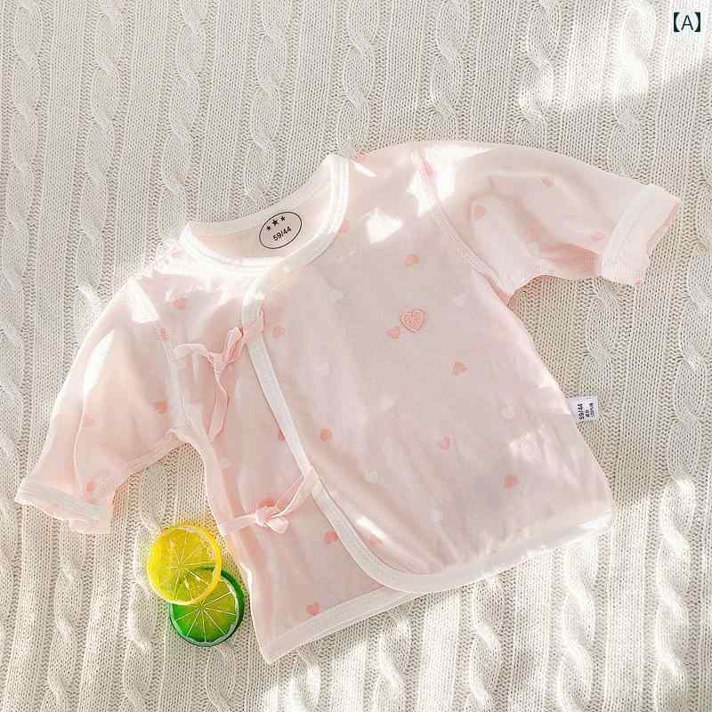 ベビー服 前開き 新生児 トップス インナー 肌着 春夏 薄手 通気性 綿 柔らかい 長袖 ラウンドネック 紐 かわいい ハート うさぎ くま ピンク 黄 青