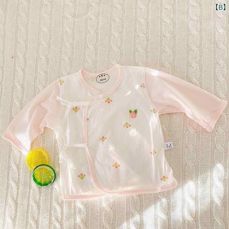 ベビー服 前開き 新生児 トップス インナー 肌着 春夏 薄手 通気性 綿 柔らかい 長袖 ラウンドネック 紐 かわいい ハート うさぎ くま ピンク 黄 青
