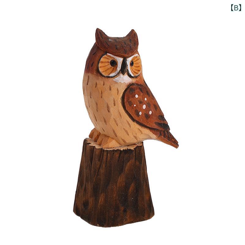 フクロウ 置物 玄関 おしゃれ 木彫り 耳 手描き風 おもちゃ 丸太 無垢材 飾り 工芸品 装飾 インテリア レイアウト 黒 茶 黄色