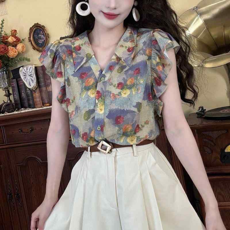 総柄古着ヴィンテージレディース長袖シャツブラウス USA製 70年代 70s TURTLE BAX 花柄 丸襟 ブラウス 民族 プル