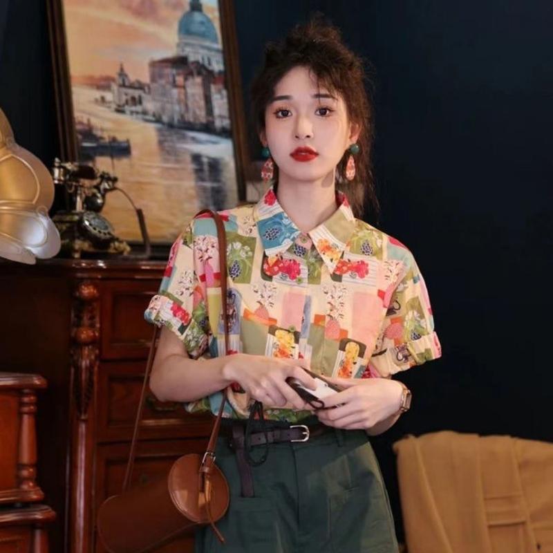 シャツ レディース おしゃれ 前開き 半袖 ヴィンテージ風 中国風 花柄 プリント ゆったり 夏 個性的