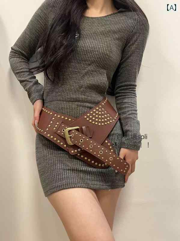 ベルト 幅広 ウエストベルト ヴィンテージ風 加工 スタッズ 太め 個性 おしゃれ y2k ミリタリー レディ..