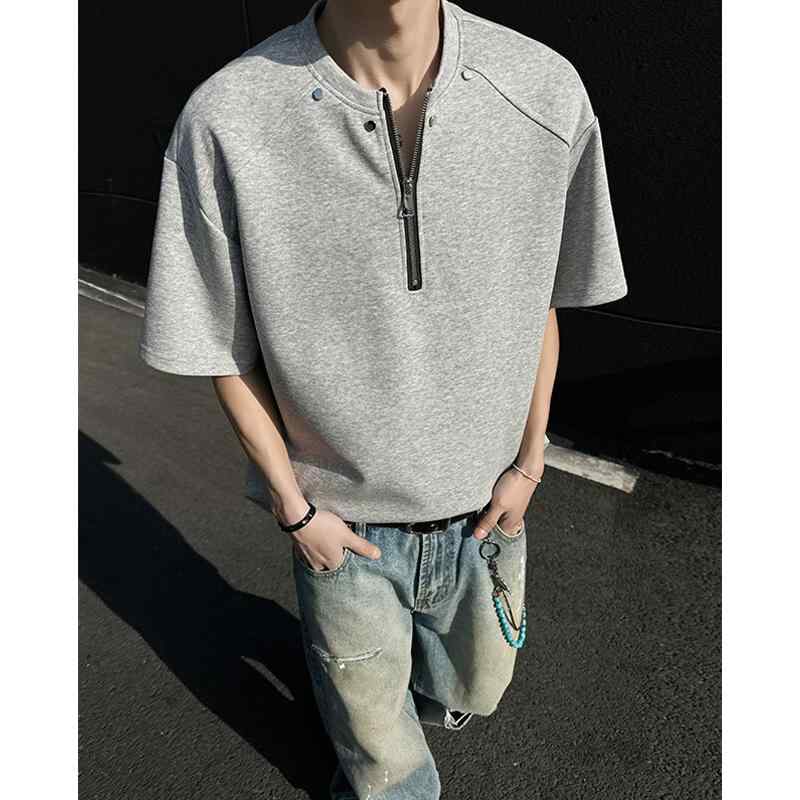 ハーフジップ メンズ おしゃれ Tシャツ 半袖 春夏 垫肩 ストリート 5分袖 ゆったり