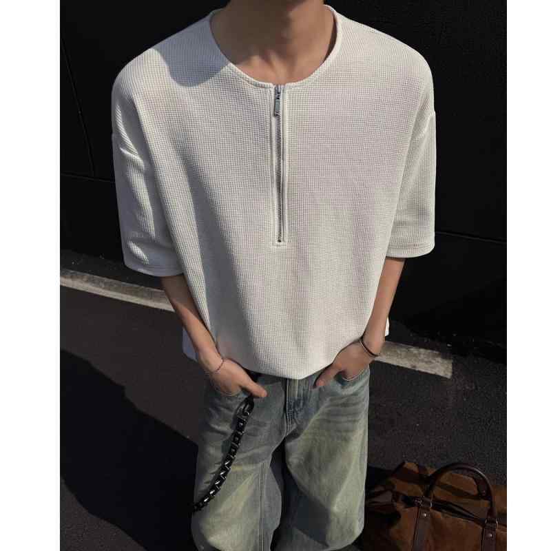 Other - ハーフジップ メンズ おしゃれ Tシャツ レディース 大きいサイズ 半袖 ワッフル ゆったり 夏 アメリカン ヘンリー 襟無し カジュアル