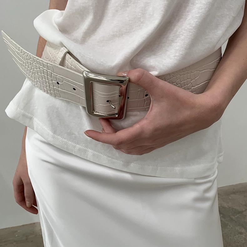 ベルト レディース 白 ワイド幅 メタル大バックル クロコ柄 シンプル クラシック 上品 おしゃれ