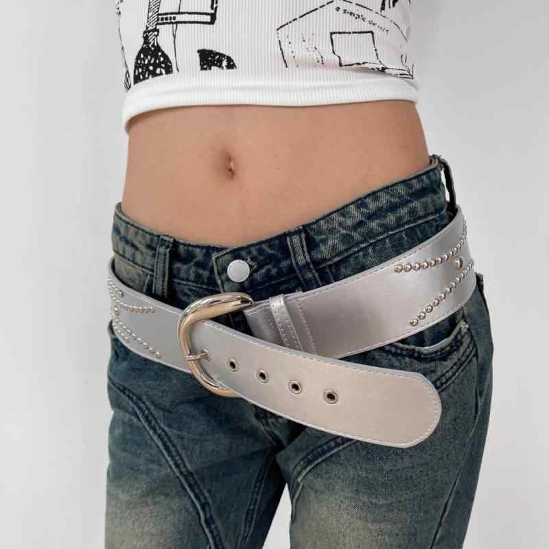 ベルト レディース 太め おしゃれ ブラウン フェイクレザー 幅広 メタルリング バックル レトロ スタッズ デコレーション