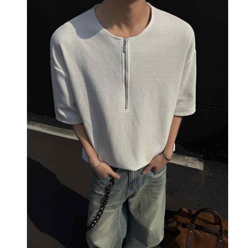 乐天商城 - ハーフジップ メンズ おしゃれ Tシャツ 半袖 夏 ワッフル ジップアップ アメリカンカジュアル ストリート ヘンリー 襟無し