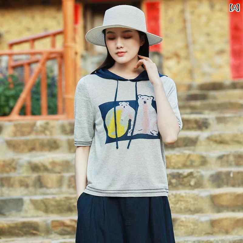 フロントップ楽天市場店のサマーニット レディース 半袖 おしゃれ 夏 プリント フード パーカー ゆったり リネン 薄手 韓国 カジュアル｜アングル2