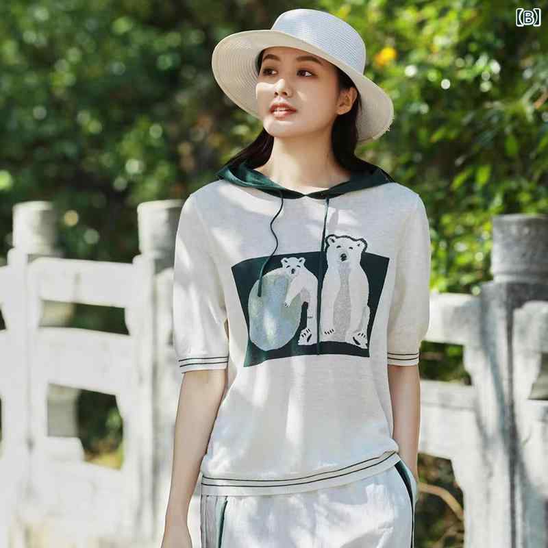 フロントップ楽天市場店のサマーニット レディース 半袖 おしゃれ 夏 プリント フード パーカー ゆったり リネン 薄手 韓国 カジュアル｜アングル3