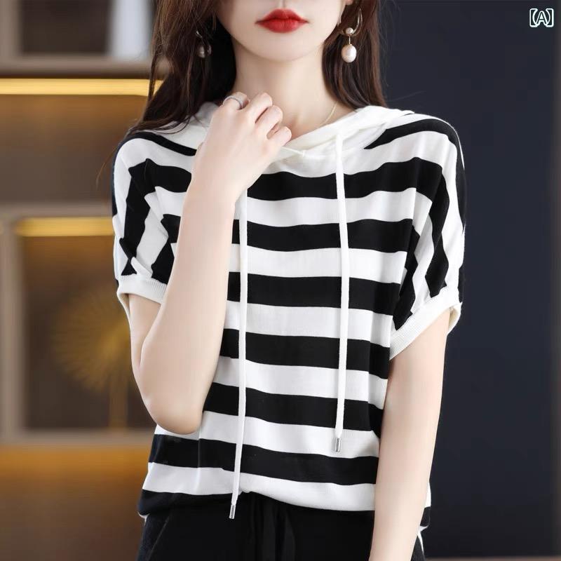 フロントップ楽天市場店のサマーニット レディース 半袖 おしゃれ フード パーカー 涼しい 快適 ボーダー 柄 ゆったり 夏｜アングル2