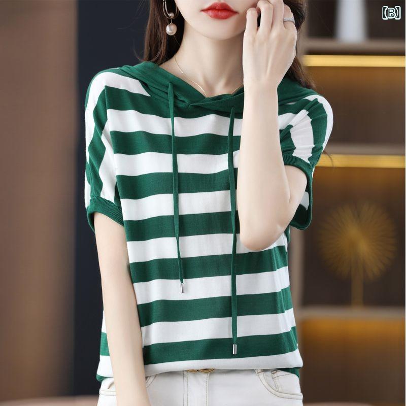 フロントップ楽天市場店のサマーニット レディース 半袖 おしゃれ フード パーカー 涼しい 快適 ボーダー 柄 ゆったり 夏｜アングル3