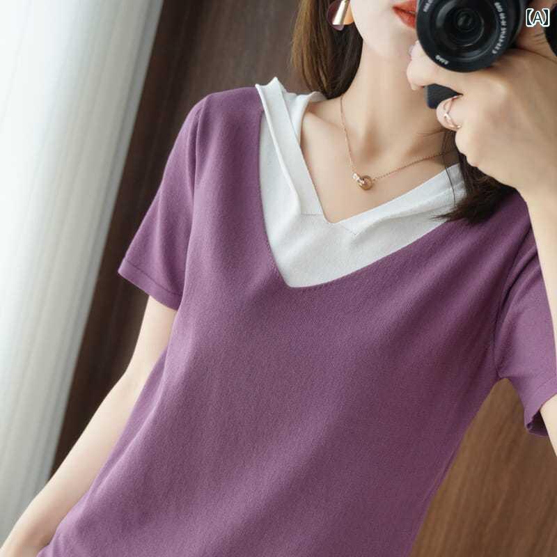 フロントップ楽天市場店のサマーニット レディース 半袖 おしゃれ Tシャツ 薄手 重ね着風 フード パーカー ゆったり 日焼け防止 夏 カジュアル 上品｜アングル2