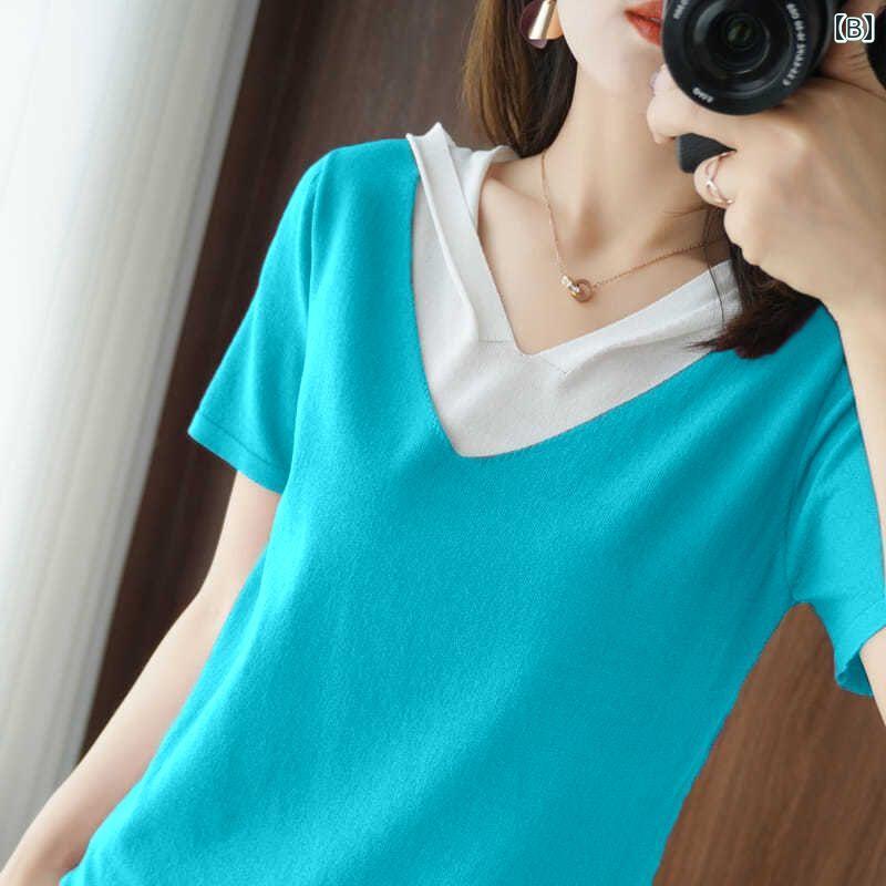 フロントップ楽天市場店のサマーニット レディース 半袖 おしゃれ Tシャツ 薄手 重ね着風 フード パーカー ゆったり 日焼け防止 夏 カジュアル 上品｜アングル3