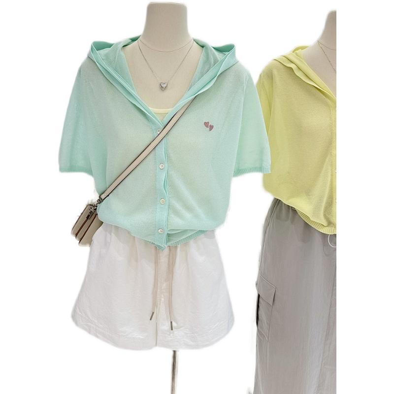 サマーニット レディース 半袖 おしゃれ カーディガン 夏 薄手 涼しい 快適 愛ハート 刺繍 韓国 ゆった..