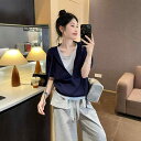 サマーニット レディース 半袖 おしゃれ Tシャツ ブルー 薄手 重ね着風 フード パーカー 夏 涼しい 快適 カジュアル ゆったり ゆったり こなれ感