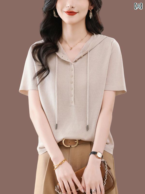 フロントップ楽天市場店のサマーニット レディース 半袖 おしゃれ Tシャツ フード パーカー ライセル 涼しい 薄手 ゆったり カジュアル 夏 前ボタン｜アングル2