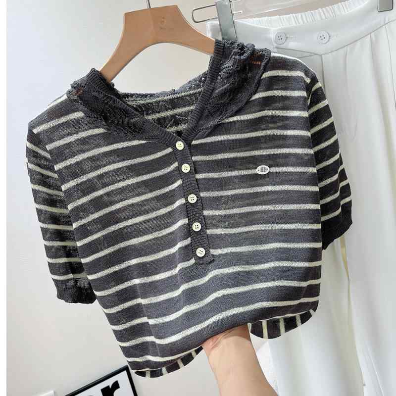 サマーニット レディース 半袖 おしゃれ Tシャツ 夏 フード パーカー ボーダー 柄 ゆったり 竹節綿 透け感 カジュアル