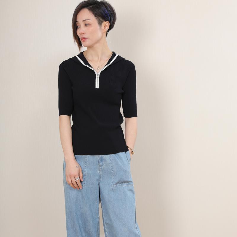 サマーニット レディース 半袖 おしゃれ 夏 フード パーカー バイカラー 涼しい ゆったり 細見え シンプル 合わせやすい カジュアル トップス