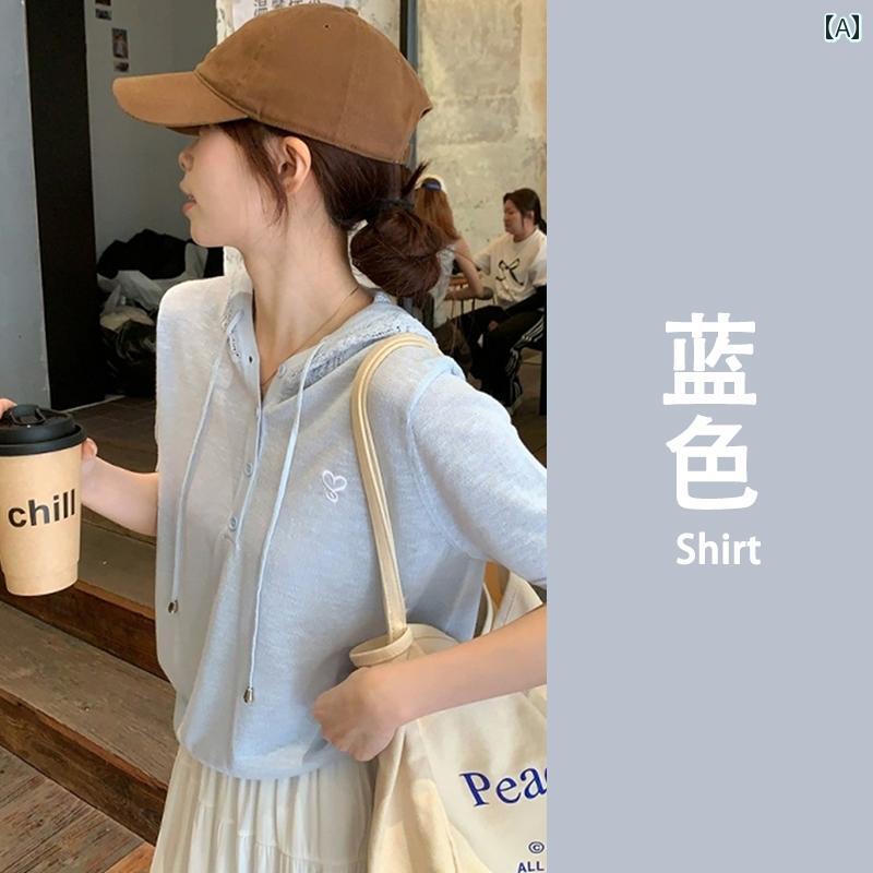 フロントップ楽天市場店のニットパーカー レディース ブルー 半袖 フード ドローストリング 薄手 スリムフィット 涼しい 快適 日焼け防止｜アングル2