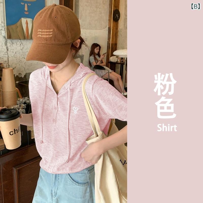 フロントップ楽天市場店のニットパーカー レディース ブルー 半袖 フード ドローストリング 薄手 スリムフィット 涼しい 快適 日焼け防止｜アングル3