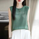 サマーニット ノースリーブ レディース おしゃれ タンクトップ リネン 夏 薄手 幅広 肩 幅広 縁 シンプル 上品 着やせ