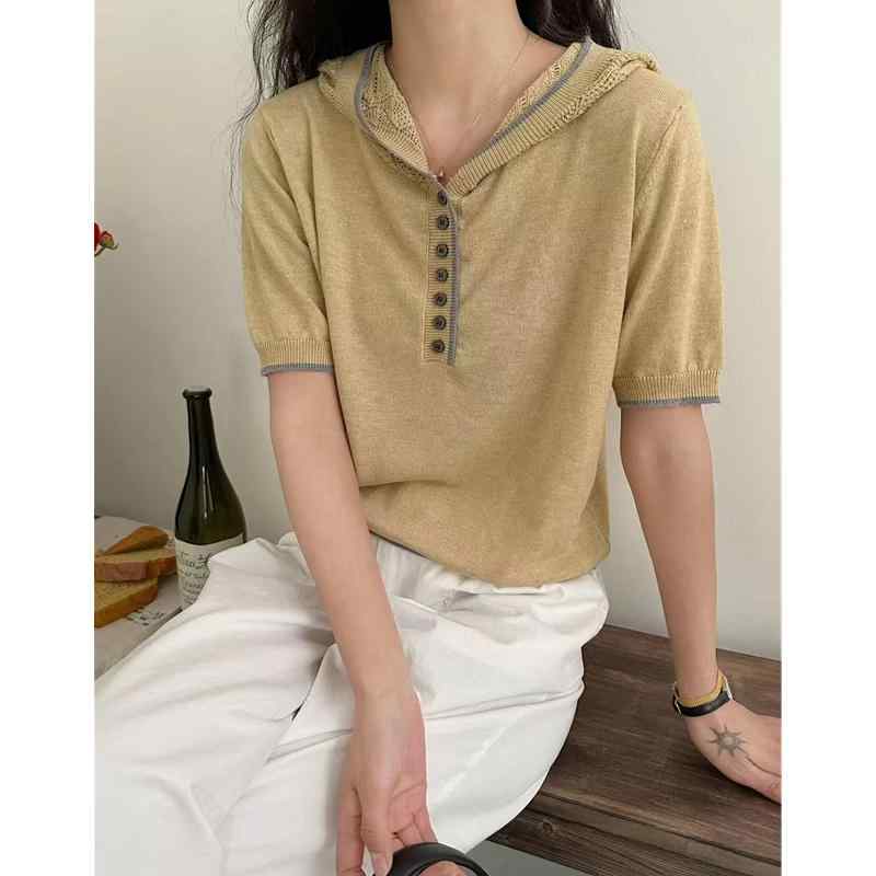 サマーニット レディース 半袖 おしゃれ 天 フード パーカー バイカラー ゆったり 薄手 夏 日焼け防止 tシャツ しゃれ感 カジュアル