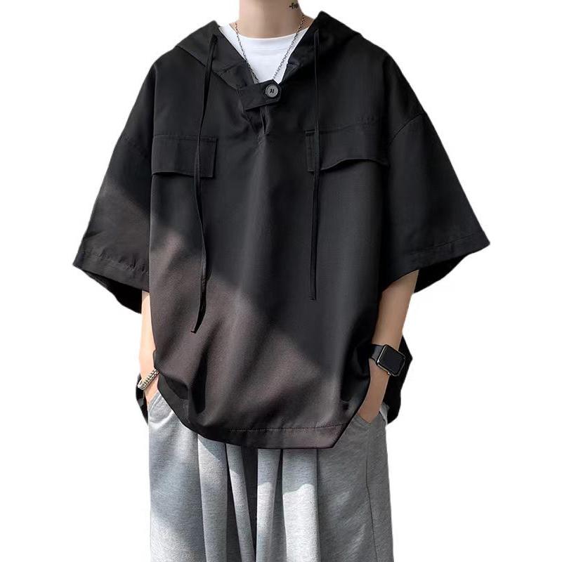 パーカー 夏 メンズ おしゃれ ポロシャツ フード 半袖 ビッグシルエット 5分袖 ゆったり 韓国 カジュアル 学生 ストリート シンプル(4)