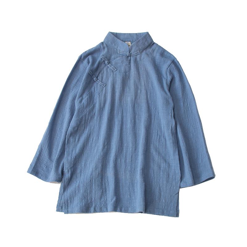Long-Sleeved - チャイナ風 シャツ 大人 レディース トップス レトロ 春夏 プルオーバー スタンドカラー ボタン 長袖 ゆったり シンプル 無地 カジュアル 青