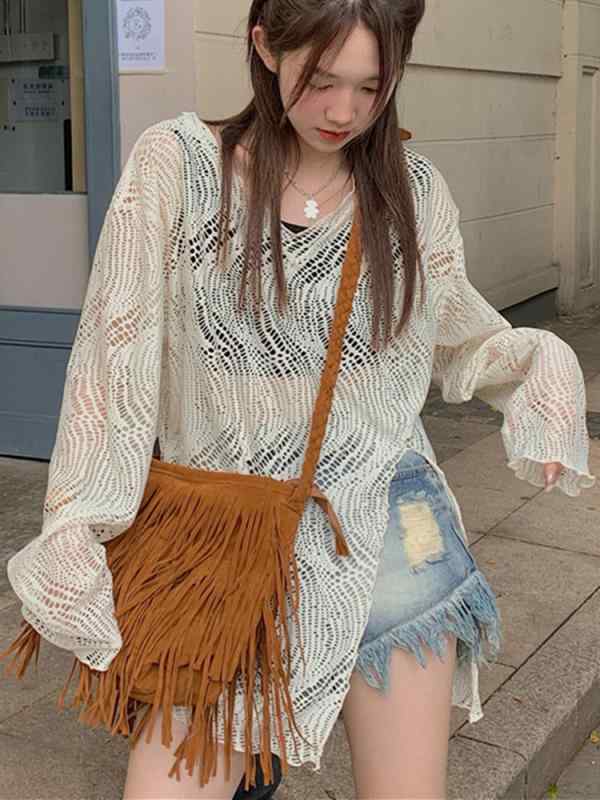 トップス レディース 長袖 日焼け対策 ビーチ カバーアップ プルオーバー メッシュ スリット 水着 ビキニ 海 プール リゾート 温泉 シンプル カジュアル アプリコット