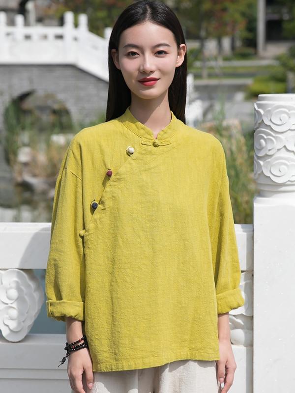 チャイナ風 シャツ トップス 大人 レディース レトロ スタンドカラー カラフルボタン 長袖 ゆったり 綿 麻 シンプル 無地 グレー 緑 白