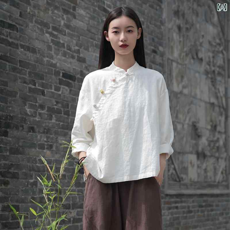 チャイナ風 シャツ トップス 大人 レディース レトロ スタンドカラー カラフルボタン 長袖 ゆったり 綿 麻 シンプル 無地 グレー 緑 白