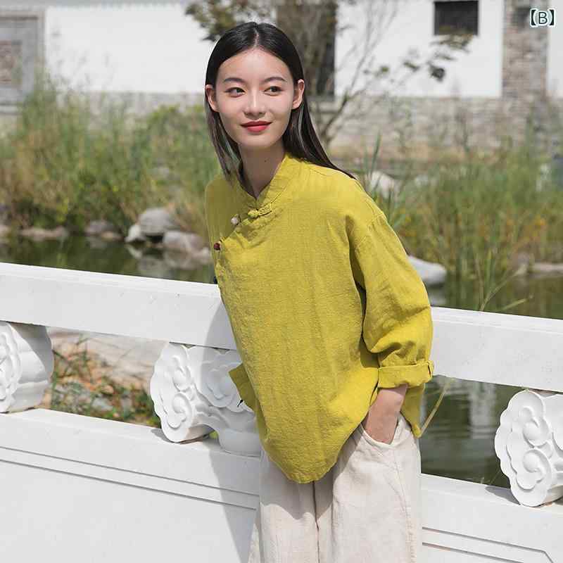 チャイナ風 シャツ トップス 大人 レディース レトロ スタンドカラー カラフルボタン 長袖 ゆったり 綿 麻 シンプル 無地 グレー 緑 白