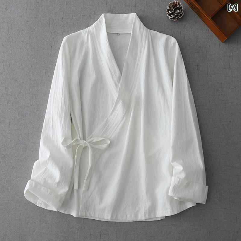 着物風 シャツ トップス 大人 レディース レトロ 斜め襟 紐 Vネック 大きいサイズ ゆったり 長袖 綿 麻..