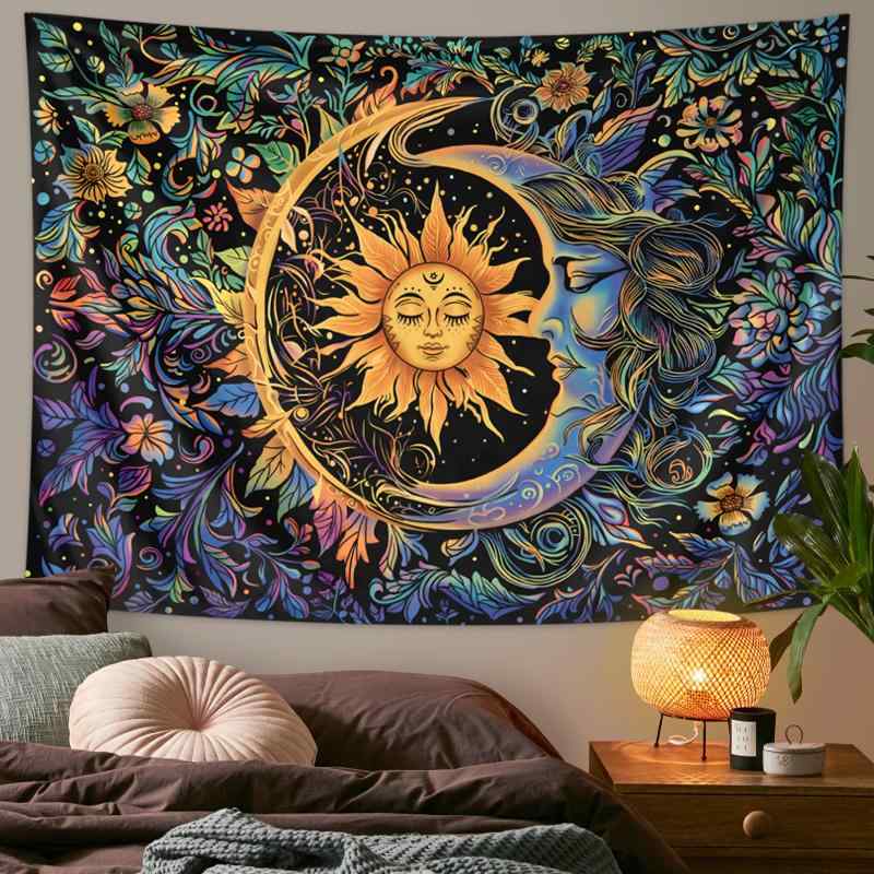 Tapestries - タペストリー 壁掛け おしゃれ 太陽 月 花柄 レトロ 寝室 装飾 背景 吊り 布 ボヘミアン 柔らかい 大きいサイズ 長方形 ダーク 横型