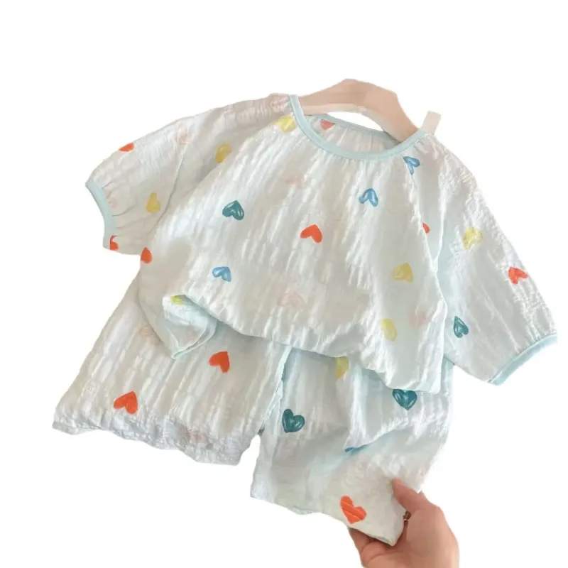 パジャマ 女の子 春夏 薄手 5分袖 七分丈パンツ ラウンドネック バイカラー ガーリー 部屋着