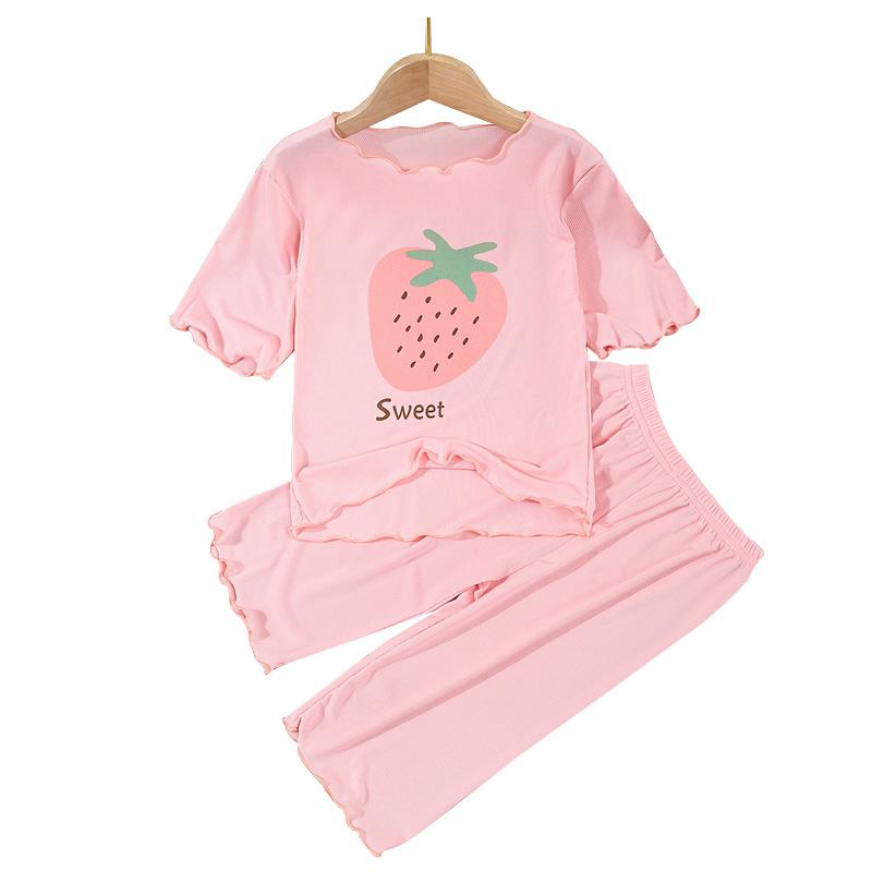 Nylon, Rayon, Polyester - パジャマ 女の子 夏 薄手 モダール ピンク いちご柄 半袖 七分丈 キッズ ルームウェア 涼しい 快適 エアコン対策対応 家着 セットアップ