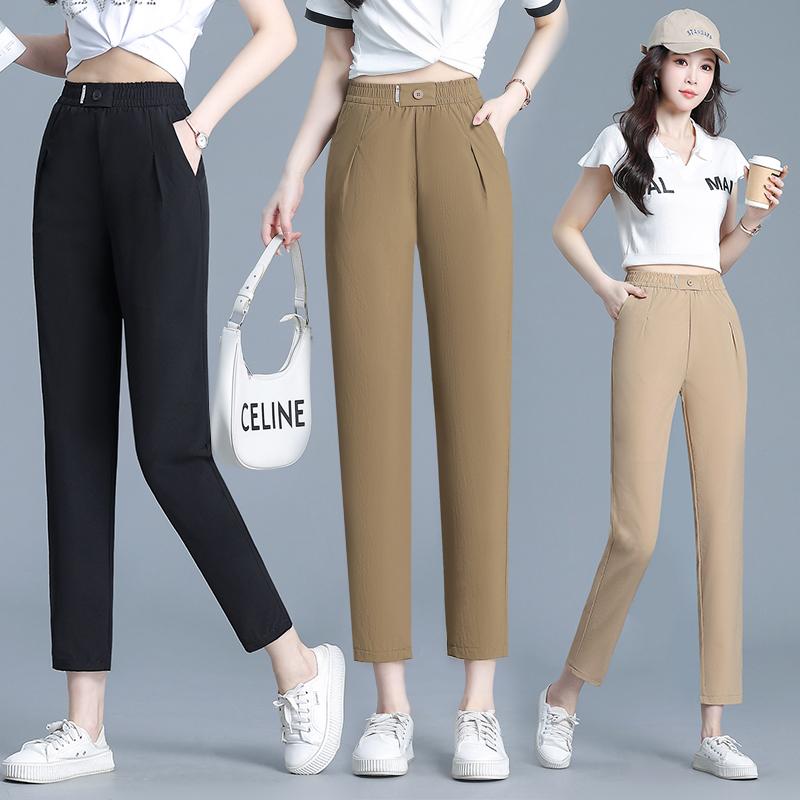 Other - パンツ レディース 夏 薄手 ハイウエスト ストレッチ 体型カバー ゆったり 着やせ 小柄 大きいサイズ 九分丈 カジュアル 無地