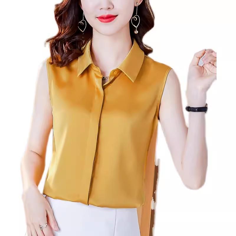 Sleeveless - シャツ レディース ノースリーブ おしゃれ 薄手 夏 トップス 大きいサイズ ゆったり カジュアル 普段使い お出かけ 通勤 オフィス 襟 前開き 春 無地 シンプル 黒 赤 ベージュ