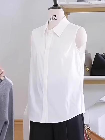 Sleeveless - シャツ レディース ノースリーブ おしゃれ 夏 トップス カジュアル 普段使い お出かけ 通勤 オフィス 襟 スタンドカラー フリル 前開き コットン 大きいサイズ ゆったり 無地 シンプル 白 黒