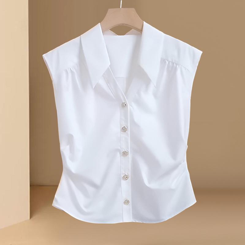 Sleeveless - シャツ レディース ノースリーブ おしゃれ 夏 大きいサイズ ゆったり トップス カジュアル Vネック 普段使い お出かけ 通勤 オフィス 襟 前開き ボタン 装飾 シンプル 無地 白 青 黒