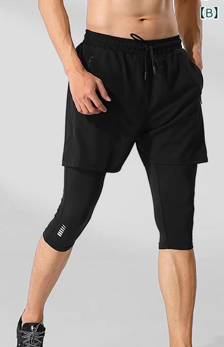バスパン バスケ パンツ メンズ 練習 ウェア おしゃれ バスケットボール 重ね着風 速乾 七分丈 涼しい 快適 高弾力 トレーニング スポーツ 夏