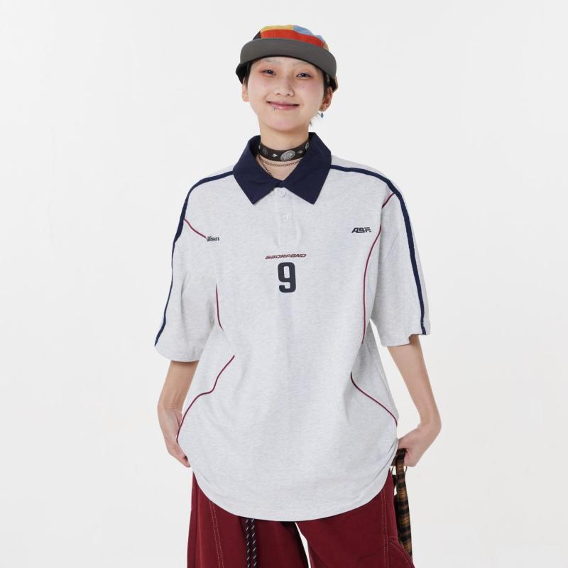 ポロシャツ 夏 アメリカン ユニセックス 半袖 トップス ゆったり 大きいサイズ スポーティ カジュアル ストリート おしゃれ 黒 グレー 数字